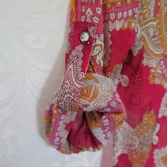 INTERNATIONAL Concepts Blouse Top Tropical Chiffon Diamon Buttons Size S - Picture 9 of 12